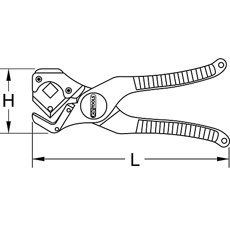 Schneidwerkzeug, Seitenansicht mit Maßangaben, schwarz-weiß.